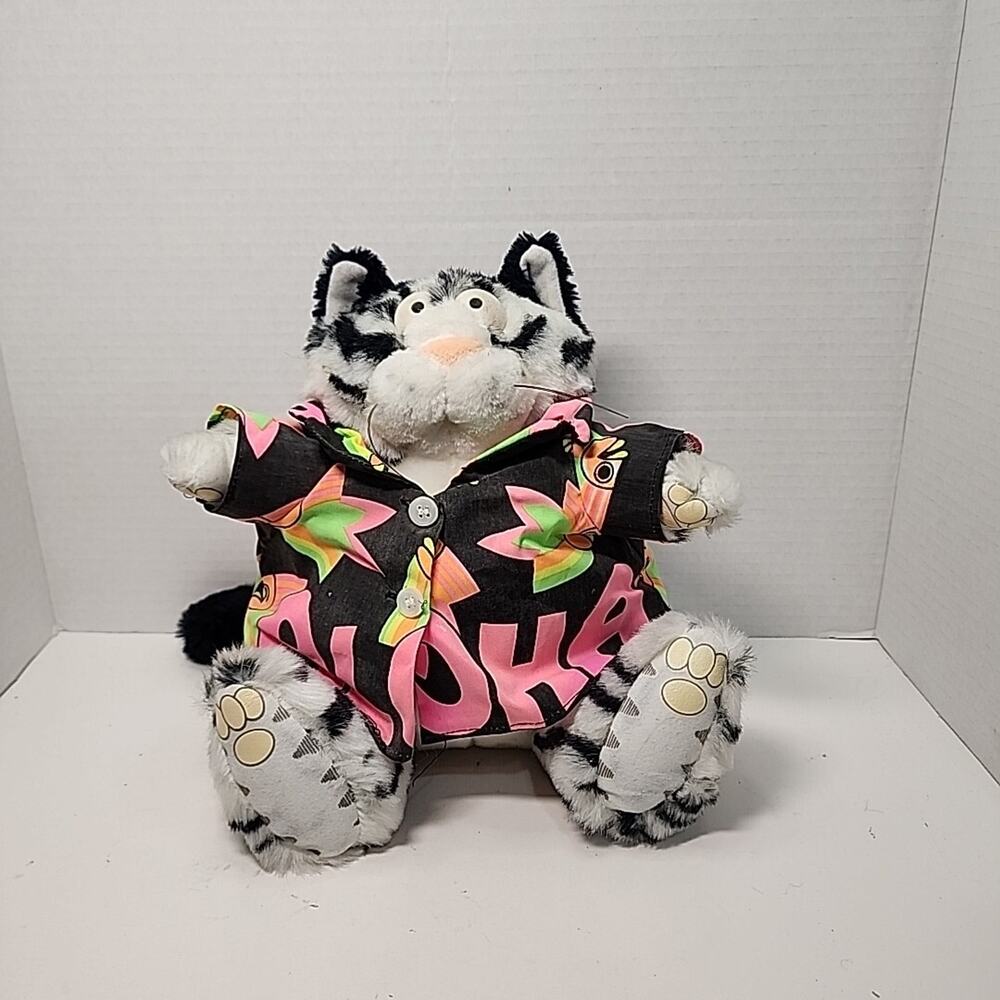 1989 Bernard Kliban Star Shine Hawaiian Aloha Fat Cat Gray & Black Plush Tag 9”